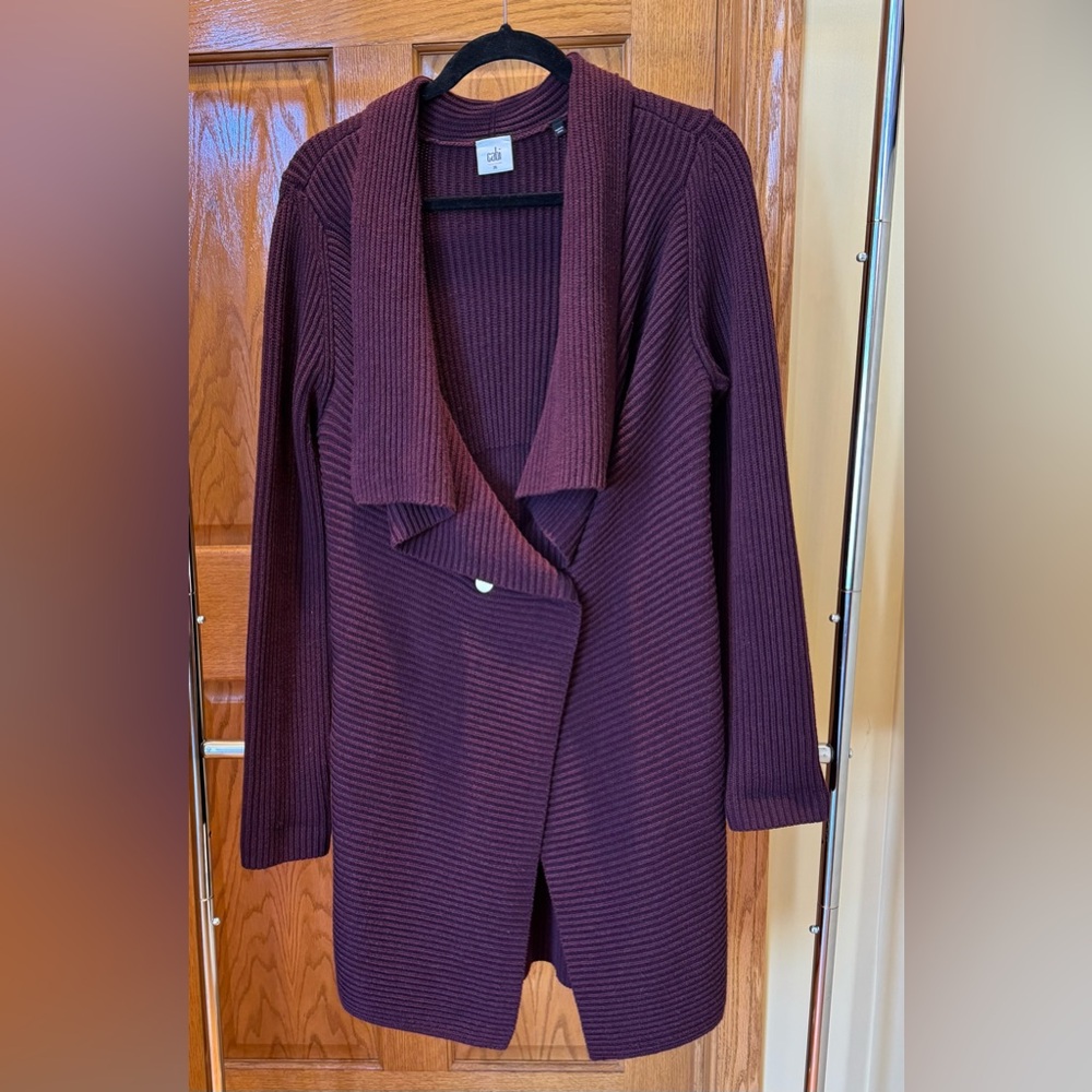 Cabi long sweater, drape collar 2 button closure- size M, purple